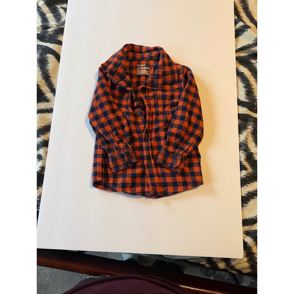 Cat & Jack Toddler Boys Orange Navy Blue Buffalo Plaid Flannel Shirt 2T Cotton